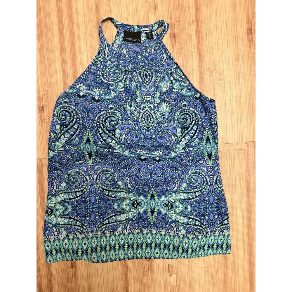 CYNTHIA ROWLEY Top Women Medium Blue Green Paisley Sleeveless Halter Neck Resort